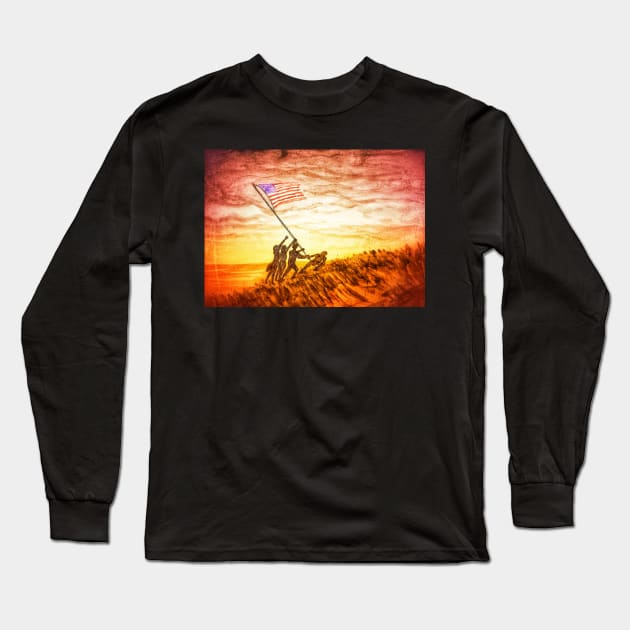 Raising the Flag at Iwo Jima Retro Long Sleeve T-Shirt by Matt Starr Fine Art